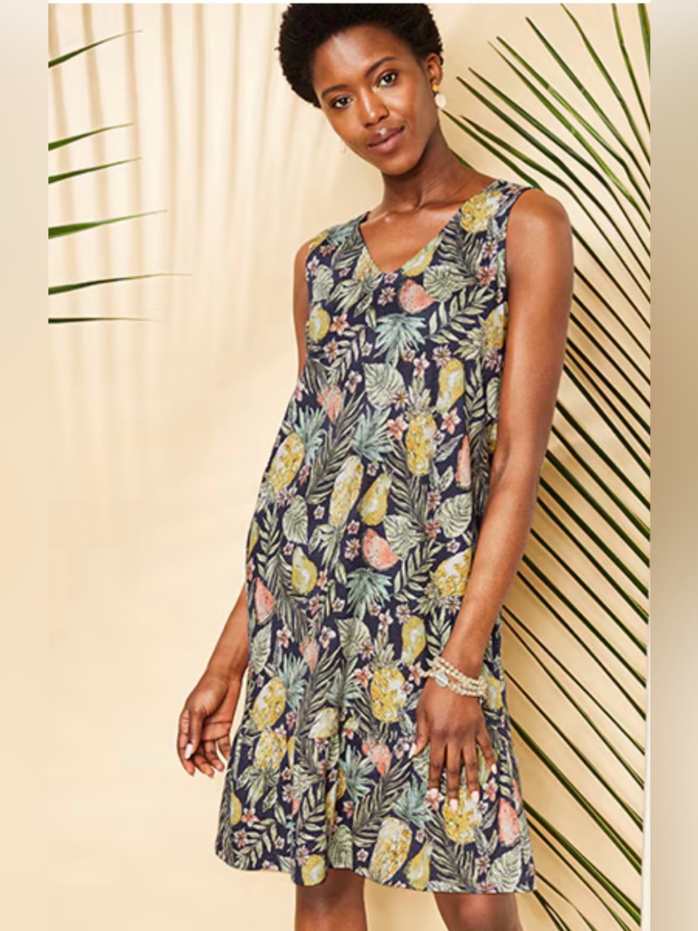 J. JILL Flounced Hem Double V-Neck Tropical Fruit Knit Tank Dress Size XL - Picture 1 of 13